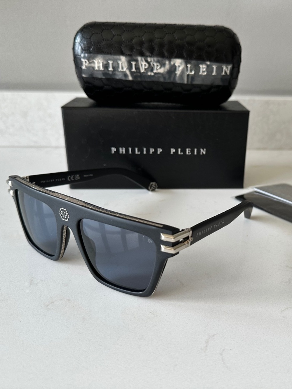 NWT | Philipp Plein | Matte Black & Blue Rectangle Sunglasses - SPP108V - Picture 5 of 5